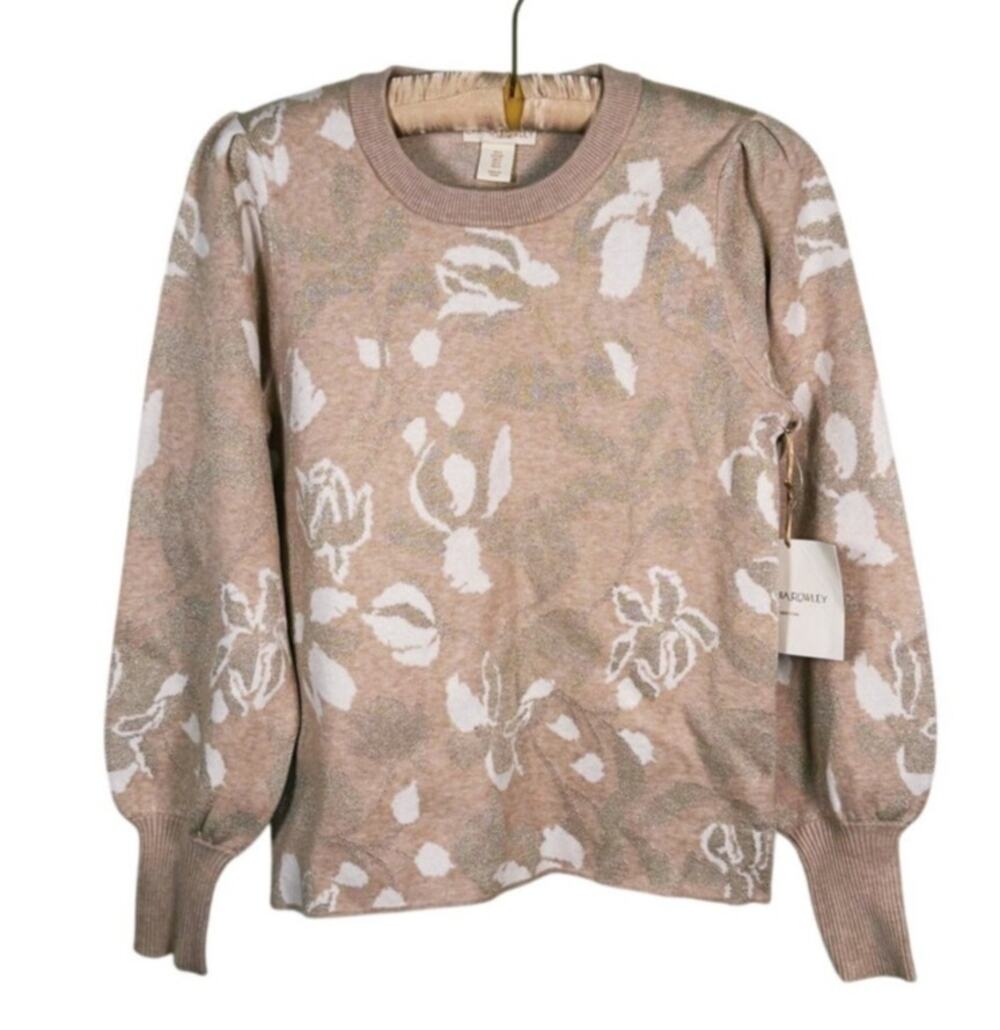 NWT Cynthia Rowley Womens Metallic Floral Sweater Size S Tan Quiet Luxury Preppy